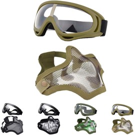 Fansport Airsoft Mask and Goggles Set, Tactical Half Face Mesh Mask with Adjustable Straps and Protective Airsoft Goggles for Outdoor Games, Paintball, Cosplay, and Face Protection Gear