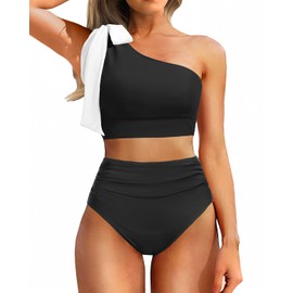 Tempt Me Women Black High Waisted Bikini Sets - Two Piece Swimsuits One Shoulder Bathing Suit with Full Coverage Bottom L