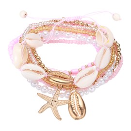 PATIKIL Summer Beach Bracelets Bohemian Multi-Layer Seashell Starfish Beads Stretch Bracelet Set for Women Wristbands Jewelry Accessories Costume Gifts, Pink