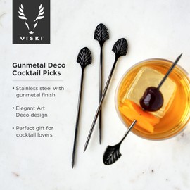 Viski Gunmetal Art Deco Cocktail Picks - Heavy Duty Toothpicks Stainless Steel Metal Drink Skewers Barware Accessories - Black 5inch Set of 4