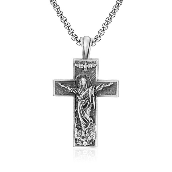 Jesus Crucifix Cross Pendant Necklace for Men Women, Titanium steel