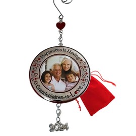 Grandchildren Photo Christmas Ornament - 2024 Charm - Happiness is Having Granchildren to Love - Red Jewels and Hearts - Red Storage/Gift Bag Included - 3" Dia - 8.5" Hanging Height - Holds 2" Pic