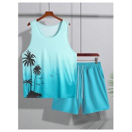 GORGLITTER Men's Short Sets Hawaiian Sleeveless Tank Tops 2 Piece Summer Outfit Beach Vacation Clothing Sets Blue XX-Large