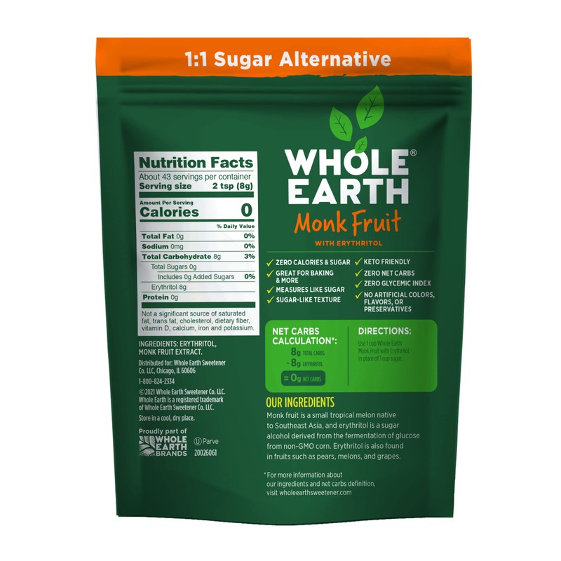 WHOLE EARTH Monk Fruit Sweetener with Erythritol, Plant-Based Sugar Alternative,