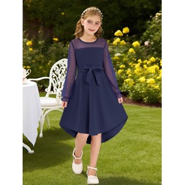 grewley Girls Dress Fall Mesh Long Sleeve A Line Girls Formal Dresses Size 14-16 for Funeral Church Navy Blue 14Y