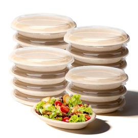 JBESUHI 50 Pack 27oz Oval Compostable Paper Bowls with 50 Lids - Microwavable Disposable Meal Prep Containers for Burrito, Salads, Pasta, Nacho & Taco