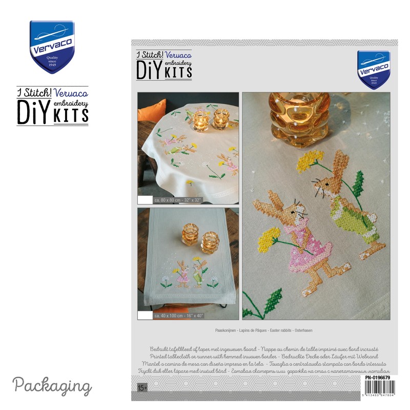 Vervaco Easter Bunny Table Runner Kit, Light grey, ca. 40