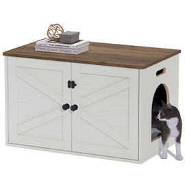 Timberer Cat Litter Box Enclosure, Litter Box Furniture Hidden with Removable Divider, Wooden Cat Washroom Furniture, Indoor Cat House, Rustic Brown and White