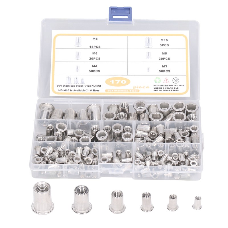 170pcs M3‑M10 304 Stainless Steel Rivet Nuts Durable Flat Head