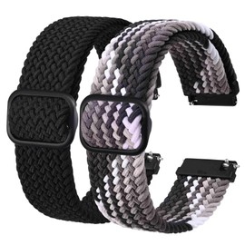 BISONSTRAP 2 Pack Braided Nylon Watch Bands, Upgrade Adjustable Buckle, Stretchy Loop Straps for Men and Women, 16mm, Black+Gradient Black