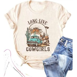 Long Live Cowgirls Sleeveless Women's Western Vintage Graphic Tees Funny Letter Print Country Music Cotton T-ShirtColor: Beige-2, Size: 2 XL