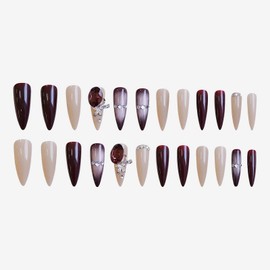 MISUD Press on Nails Long Stiletto Fake Nails Glossy Glue on Nails Purple Cat Eye Acrylic Nail Supplies Almond Artificial Nail Art Rhinestone Stick on False Nails with Design DIY 24 pcs