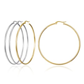 Huge gold Hoop earrings for women - Plated gold Stainless steel hooped earrings for women, 70-100mm large Gold hoop earrings (2 Pairs of 2.36"(60MM) - Gold&Sliver Color)