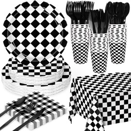 WNINK 176 PCS Race Car Birthday Party Decorations Black and White Gingham Plates and Napkins, Cups Plastic Spoons Forks Knives, Cutlery for Cars Birthday Decorations, Serves 25