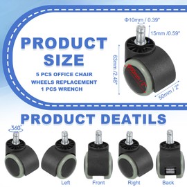 PATIKIL Office Chair Wheels Replacement 2", 5 Pcs Nylon Heavy Duty Office Furniture Casters Wheels with Wrench Universal Wheel for Hardwood Floor Carpet, Black/Gray(Grip Neck Stem)