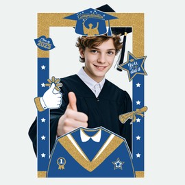Large Graduation Themed Party Photo Booth Selfie Frame, Black and Blue Graduation Photo Booth Props for Class of 2025 Grad Decor Party Supplies
