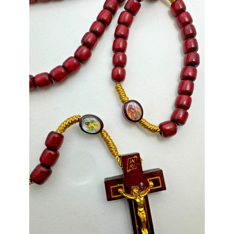 Devotional Saints Corded Wood Rosary - Red with Gold -