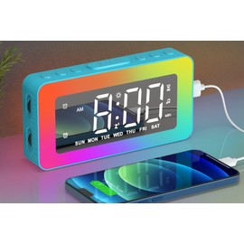 AFEXOA AFEXOA RGB Night Light Alarm Clock for Kids, Teenagers, Adults, Mirrored Clock with Dual Alarms, Snooze, LED Display, USB Charger, Small Dimmable Alarms for Bedtime