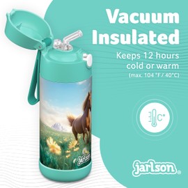 JARLSON® Charli Children's Stainless Steel Water Bottle with Straw - Thermos Flask 350 ml - TÜV Tested - BPA Free - Leak-Proof - Thermal Water Bottle for School, Nursery - Horse 2.0, 350 ml