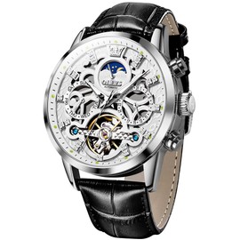 OLEVS Men Skeleton Watch Automatic Designer Luxury Mechanical Wrist Watches Brown Leather Dress Casual Moon Phase Luminous Waterproof