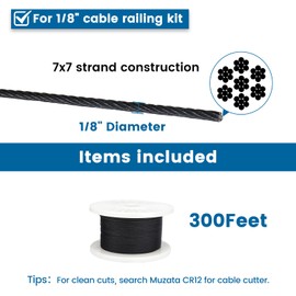 MUZATA 300ft 1/8" Black Wire Rope T316 Stainless Steel Marine Grade for Indoor Interior Cable Railing Aircraft Stair Deck Fencing 7x7 Strand DIY Balustrade Hanging WR19 WP1