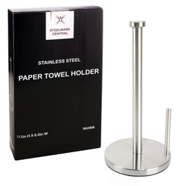 Steelware Central Paper Towel Holder with Side Rod, Stainless Steel, Easy Tear Dispenser for Home Kitchen Countertop Tabletop (Silver)
