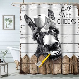 Famiffty Funny Donkey Farmhouse Shower Curtain 72Wx72L Inch Rustic Western Retro Shower Curtains Black White Farm Fun Animal Modern Hello Sweet Cheeks Cute Waterproof Polyester Fabric 12 Plastic Hooks