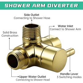 Shower Arm Diverter Valve for Hand Held Shower head G 1/2 3-Way Splitter Gold