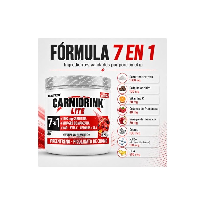 Preentreno Carnidrink Carnitina Bebible Polvo Tartrato 1500mg Cafeína Nad Vinagre