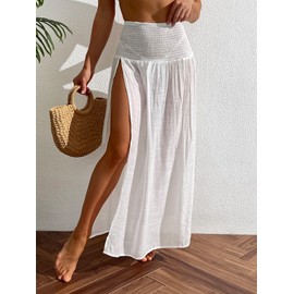 ZAFUL Women's Beach Cover Ups High Split Swim Bathing Suit Shirred Pleated Waistband Summer Maxi Skirt White M