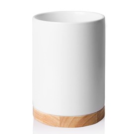 Sweejar Kitchen Utensil Holder with Wooden Bottom, 6.7" Ceramic Utensil Crock to Hold Spatulas for Cooking Countertop, Housewarming, Wedding, Birthday Gift (White)