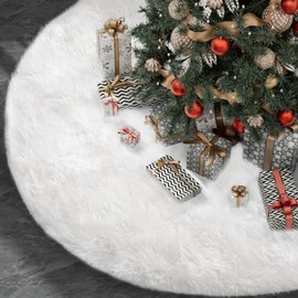 Soqool Christmas Tree Skirt - White 36 Inches Faux Fur Plush Artificial Xmas Tree Skirt Holiday Party Merry Christmas Party Decorations Xmas Tree Skirts Base Mat Thick Velvet Rugs Home Decor