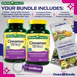 Choice Bundle Spring Valley Cinnamon Supplement 1000mg 400 ct Cassia Vegetarian Capsules 2 pk (800 Total) + Vitamin Vitality & Pill Container (4 Items)!