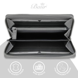 Baur Women's Genuine Leather Wallet with RFID Protection, Large Wallet, Many Card Slots, Wallet with All-Round Zip, Women's Wallets, gray, Classic
