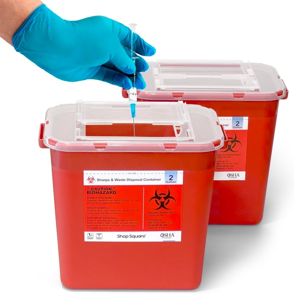 Sharps Container 2 Gallon, Sharps Containers for Home Use, Needle Disposal Containers, Sharps Bin, Professional Grade Biohazard Containers, Sharps Box for Needles - 2 Pack