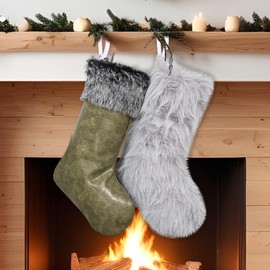 GEX 2024 New Chrismas Stockings 2 Pack Faux Dark Green Leather and Grey Fur Plain Fuzzy Luxurious Stocking 20.5" Large Modern Ornament Fireplace Xmas Tree Holiday Decoration
