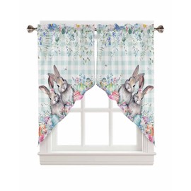 Easter Swag Curtain Valances Eucalyptus Leaves Bunny Kitchen Curtains Valances for Windows Spring Green Plaid Window Curtain Tiers for Kitchen Bedroom Living Room Easter Holiday Decoration, 28" x 36"