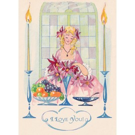 I LOVE YOU Greeting card ~ Elegant Lady Arranging Pink Flowers in a Lovely Flowing Dress~ Birthday Wishes Vintage Large Greeting Card