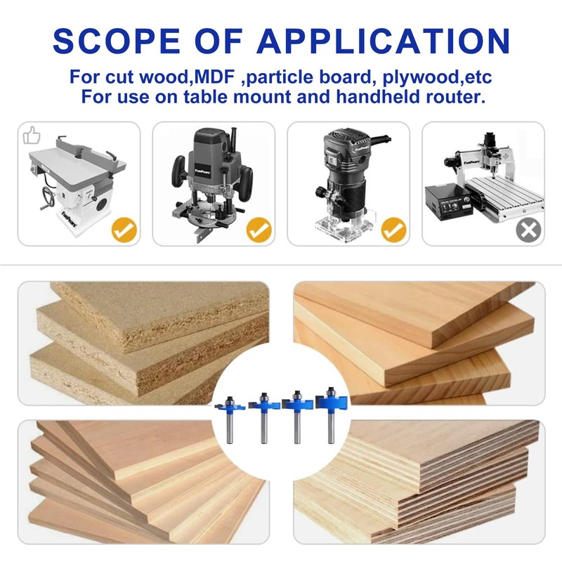 MNA 4Pcs Rabbet Router Bits 1/4" Shank with 6 Bearings