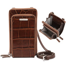 BOTANNER Multipocket Womens Small Crossbody Genuine Italian Leather Cell Phone Holder Bag with Credit Card Slots | Chocolate Brown