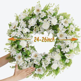 BINFEN White Faux Silk Flower Spring Summer Easter Wreath 24-26" for Front Door – Anemone Daisy Tagetes Erecta Green Eucalyptus and Fern Leaves – Farmhouse Front Porch Wreath, Outdoor Indoor Use