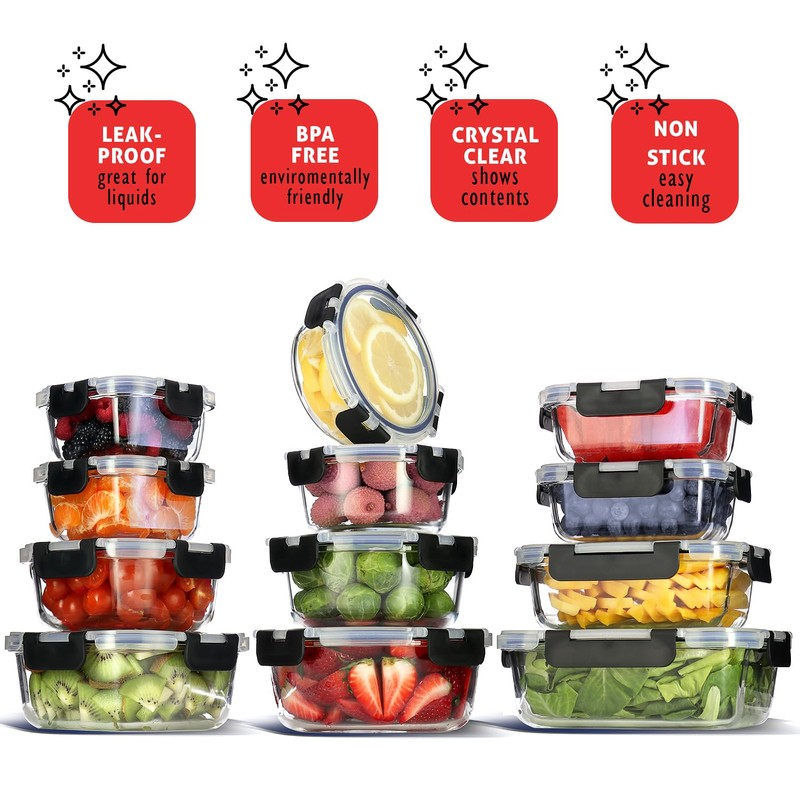 EATEX 24pc Glass Storage Containers with Lids, 12 Set Glass