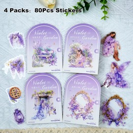 AuriicLeaf Violet Garden PET Sticker Set, 80PCS Fairy-Themed Scrapbook Supplies Journal Stickers in Purple for DIY Crafts, Planners, and Collages