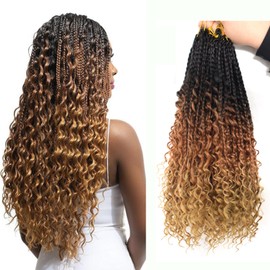 8 Packs Goddess Box Braids Crochet Hair With Curly Ends Pre Looped Bohomian Boho Crochet Braids Synthetic Braiding Hair Extensions For Women (1B/30/27, 18inch)