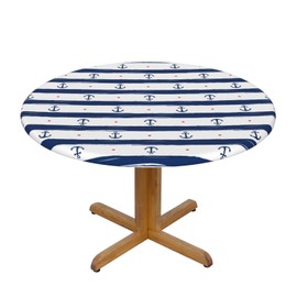 Nautical Anchor Navy Stripe Round Table Cover Fitted Tablecloth with Elastic Edged Decorative Kitchen Dining Table Cloth Cover Fits 45-50" Round Table