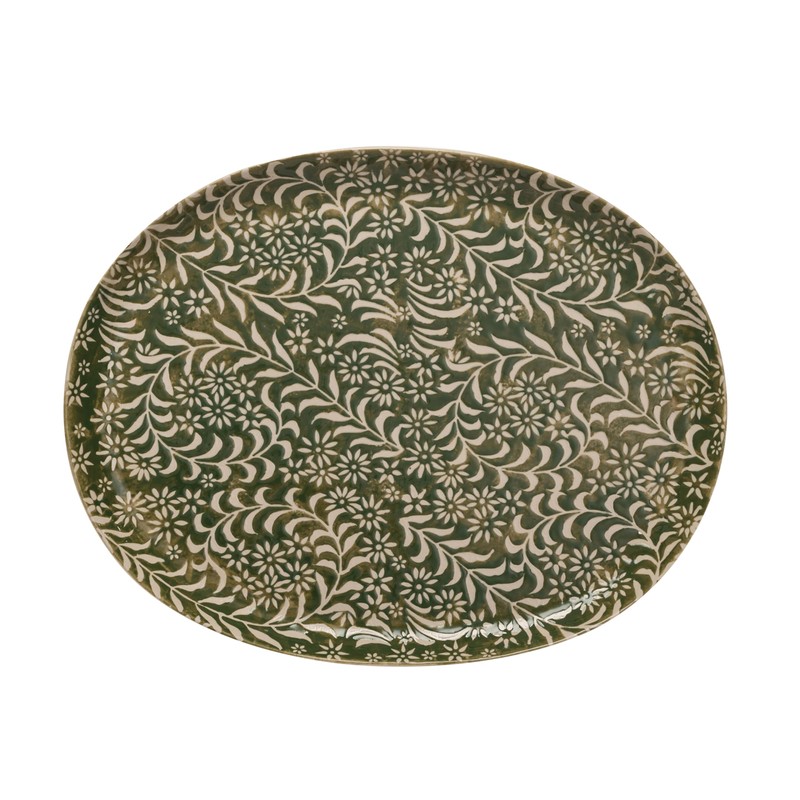 Creative Co-Op Stoneware Platter with Wax Relief Botanicals, Green