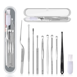 Ear Pick Ear Wax Removal Kit, Ear Cleansing Set, Earwax Remover Tool, Ear Curette Ear Wax Remover Tools with a Cleaning Brush and Storage Box, Medical Grade, for Ear Adult and Kid, Silver, 10 Pcs