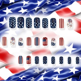 24Pcs 4th of July Press on Nails Glossy White Star False Nails Independence Day Gel Glue on Nail Fourth of July Acrylic Medium Square Fake Nail American Flag Stick on Fingernails for Women Girls