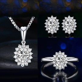 TOEECY Jewellery Set for Women and Girls Crystals 925 Silver Plated Pendant Necklace Earrings Adjustable Rings Set Jewellery Set Cubic Zirconia Gift Bridal Jewellery, Alloy Steel