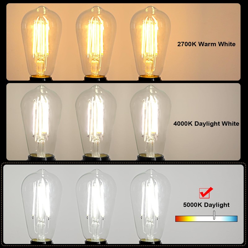 Ascher Vintage LED Edison Bulbs, 6W, Equivalent 60W, Non-Dimmable, Daylight